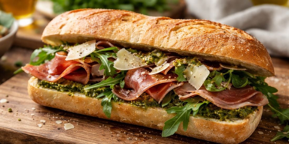 1) L’Italien ensoleillé au jambon de Parme, roquette et pesto