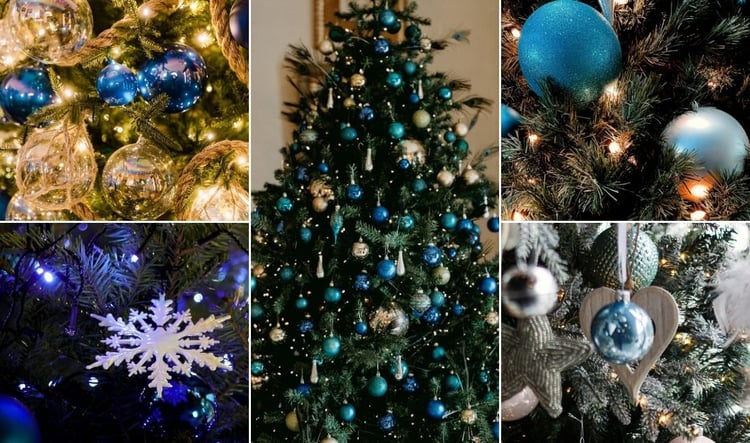 sapin de noël avec décorations bleues et argentées